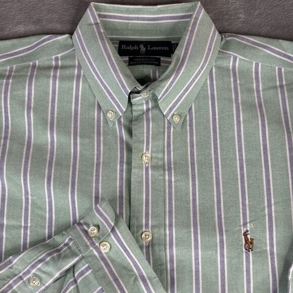 Vintage Ralph Lauren Shirt 17 Xl Green Yarmouth Striped Button‎ Down Flesh Pony - Picture 1 of 11